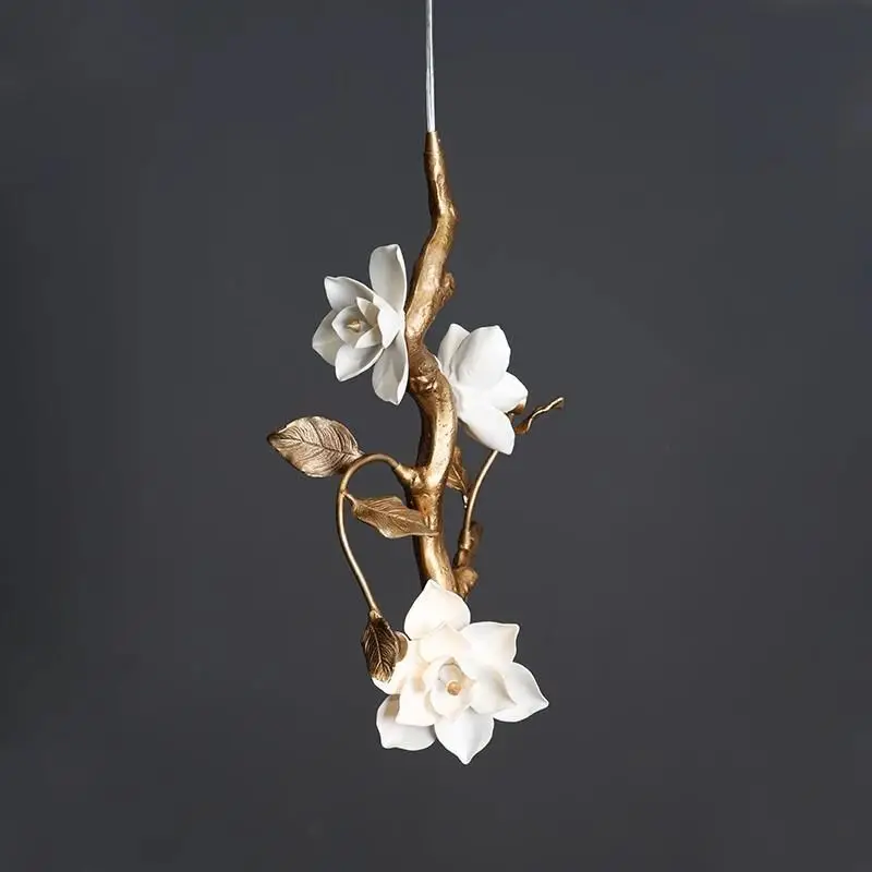 All-Copper & Ceramic Magnolia Pendant Light - Creative Luxury Decorative Lamp for Hallway, Bar Counter, Corridor & Villa