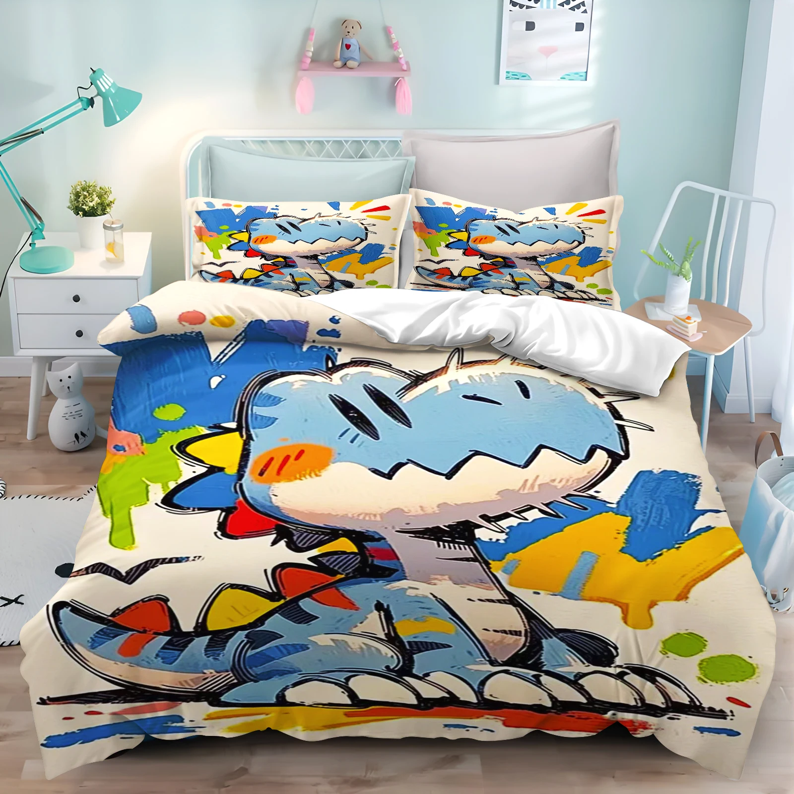 Dinosaur Quilt Cover Teen Kids Bedroom, Skin-Friendly, Breathable, Bright colors  Bedding Cartoon New Design