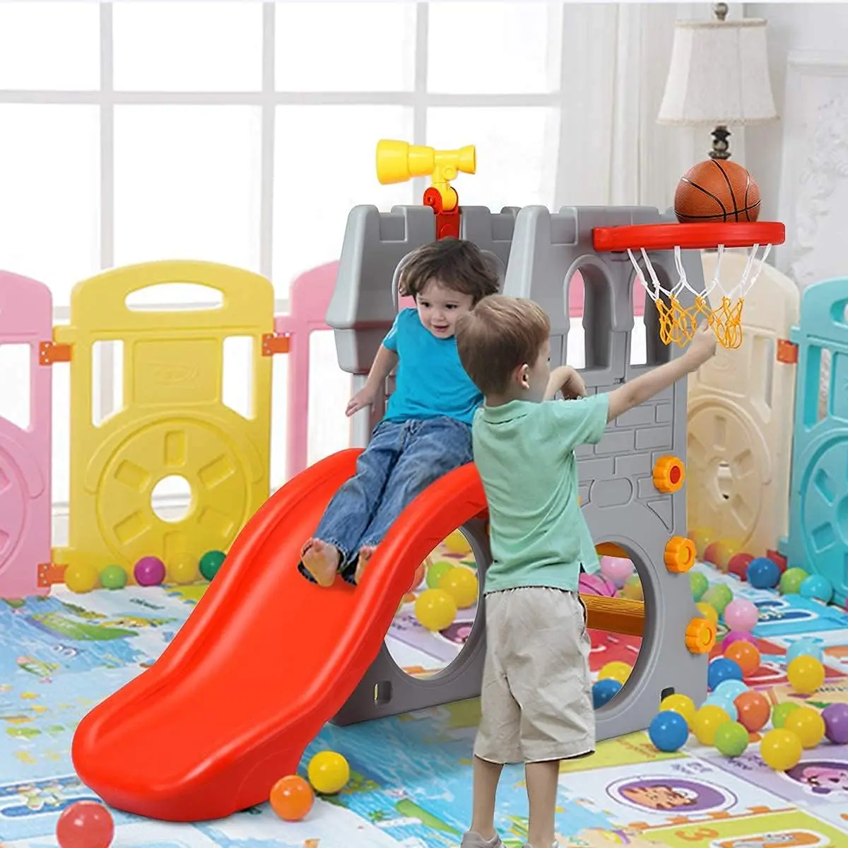 Juego de escalador de tobogán para niños pequeños, tobogán 5 en 1 para niños con aro de baloncesto, telescopio, espacio para gatear, fácil escalera de subir