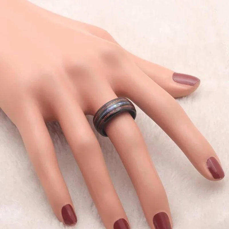 8mm Men's Stainless Steel Rings Hawaiian Koa Wood And Abalone Shell Opal Inlay Ring Wedding Jewelry