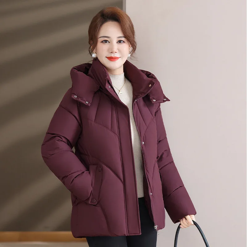 Women Hooded Puffer Coat Mid-Length Quilted Padded Jacket Snap Button Thickened Thermal Insulated Windproof Winter Outerwear