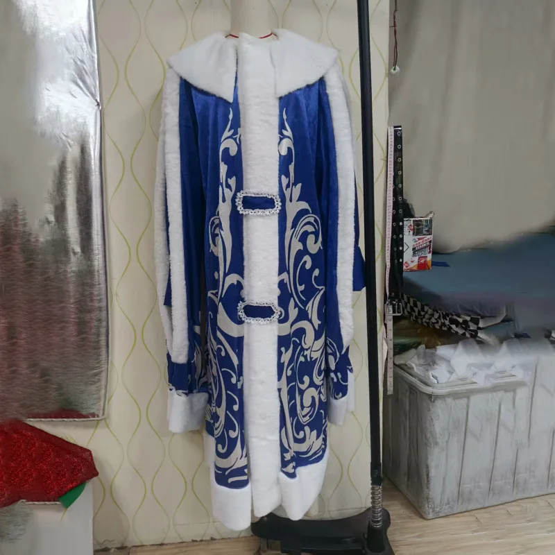Cosplay Costume Men Russian Father Blue Santa Outfit Dress Christmas Holiday Party Uniform With Beard Hat Дед Мороз Снегурочка view 5