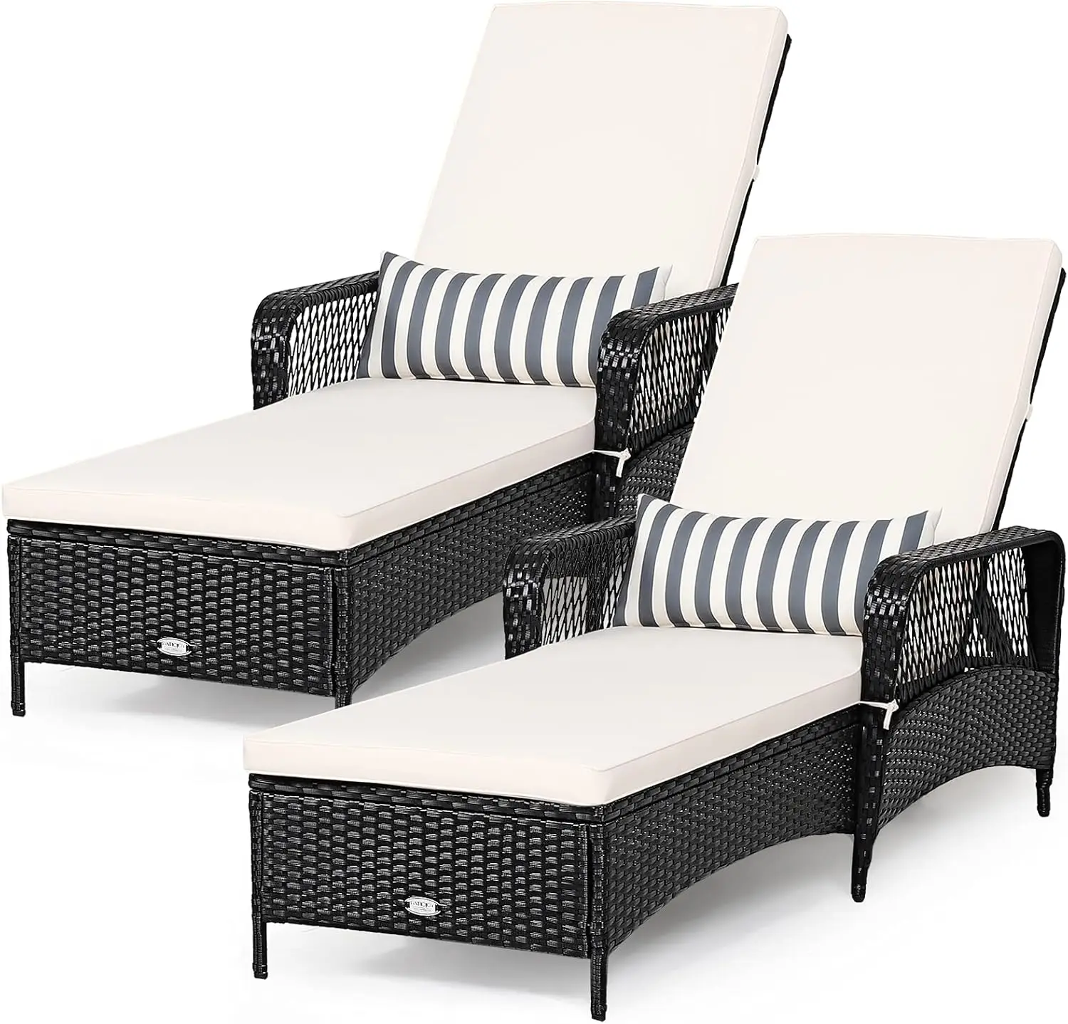 2 Pieces Patio Wicker Chaise Lounge Chair, Outdoor Rattan Reclining Chaise W/ 6-Gear Adjustable Backrest, Thick Padded