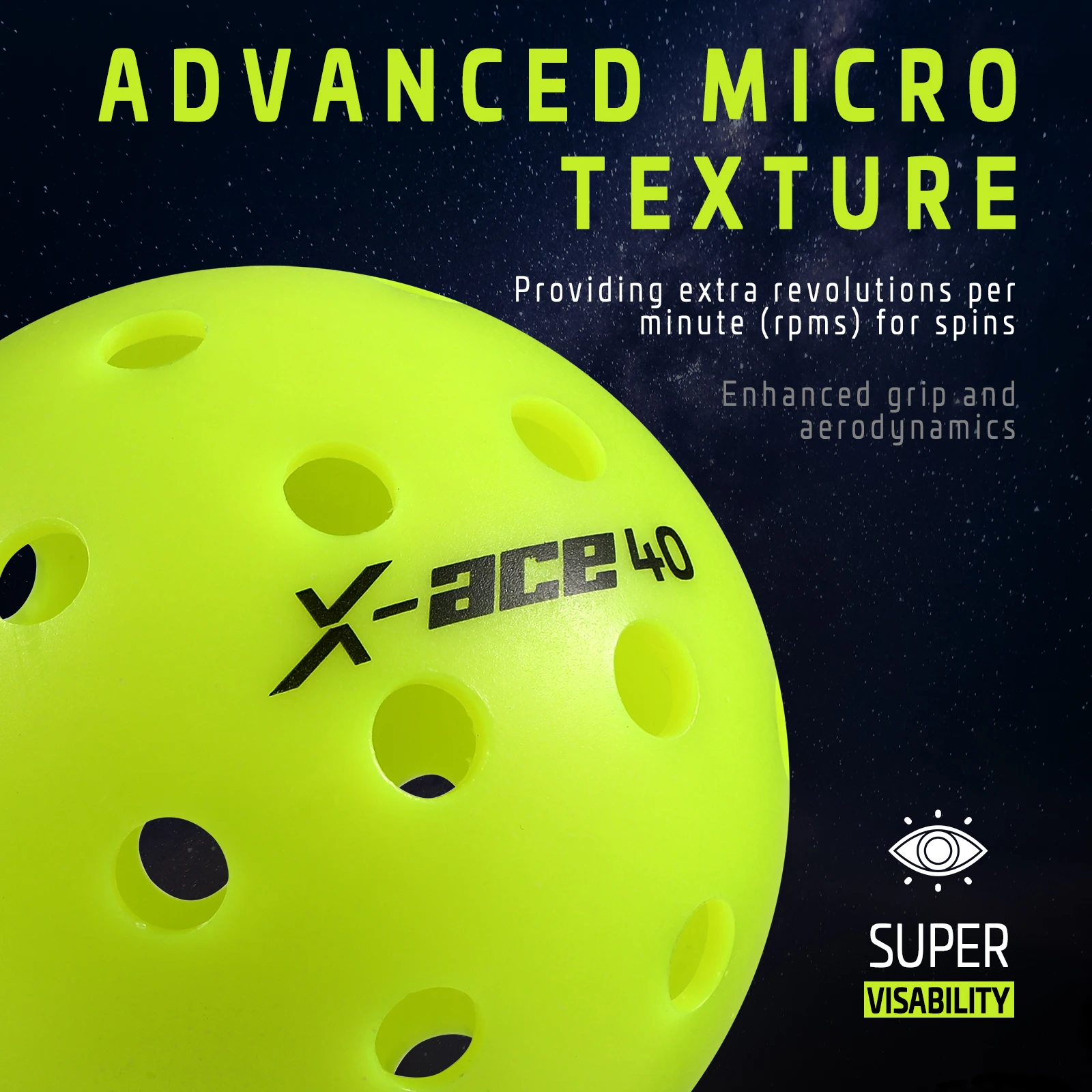 AMA Sport-X-ACE Pickleballs para exteriores, 40 agujeros, resistente a grietas, una pieza, 100%, POP-óptico, amarillo