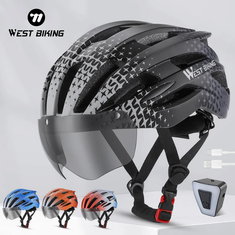 

WEST BIKING Magnetic Goggles Helmet Bike Safety Cap Type-C Charging Warning Lamp Road Bike MTB Sports Helmet Cycling Equipment