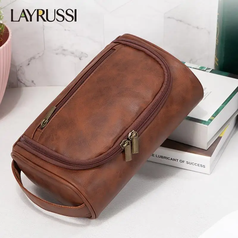 LAYRUSSI-PU Leather Travel Toiletry Bag for Women and Men, Retro Cosmetic Bags, Female Waterproof Makeup Bag, Cosmetic Organiser