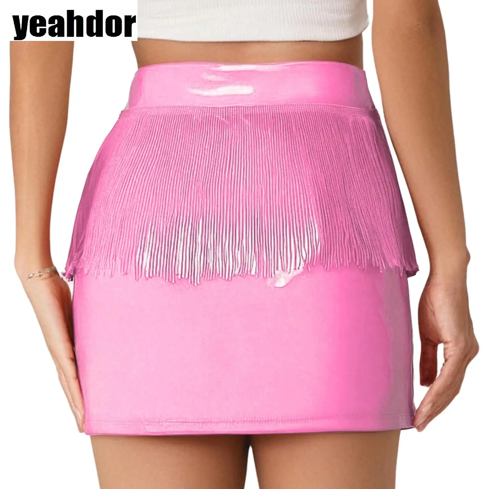 

Сексуальная женская лакированная кожаная юбка с бахромой, мини-юбка из искусственной кожи с v-образным вырезом спереди для ночного клуба, танцев, рейв-вечеринки, музыкального фестиваля, костюм