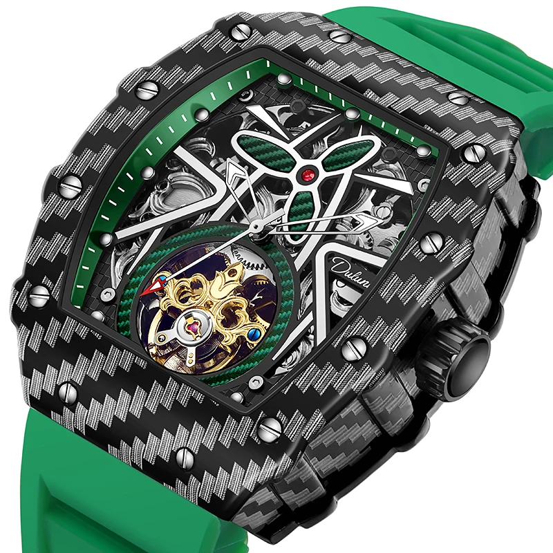 Dulunwe Luxury Racing Style Tonneau Skeleton Automatic Watch For Men Hollow Tourbillon Male Sports Wrist Watch