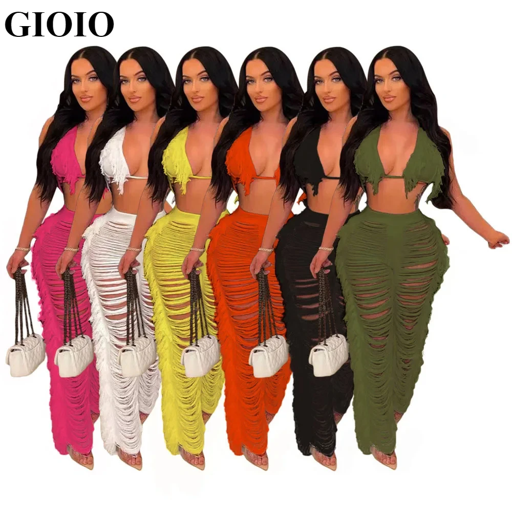 GIOIO 2024 Best Selling Sexy Two Piece Sets Summer Beachwear Knit Halter Top Wide Leg Pants Tassel 2 Piece Set Women