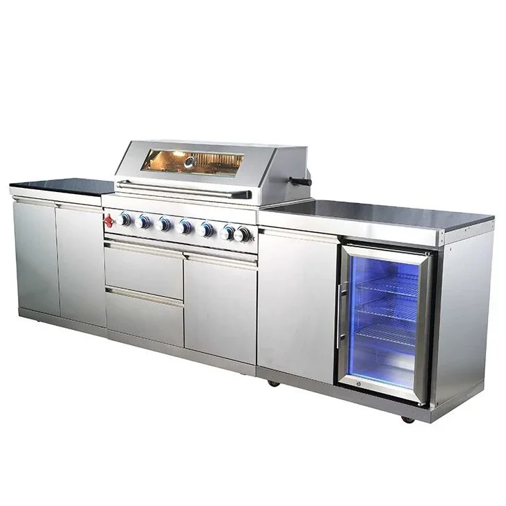 6 Burner Grill Stainless Steel BBQ Outdoor Kitchen With Single Door Refrigerator