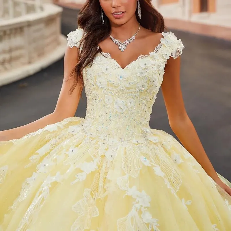 Gelbe Quinceanera-Kleider 2024, Prinzessin, Party, Ballkleid, Spitze, Applikationen, Perlen, wunderschöner Festzug, offener Rücken, individuell gestaltet