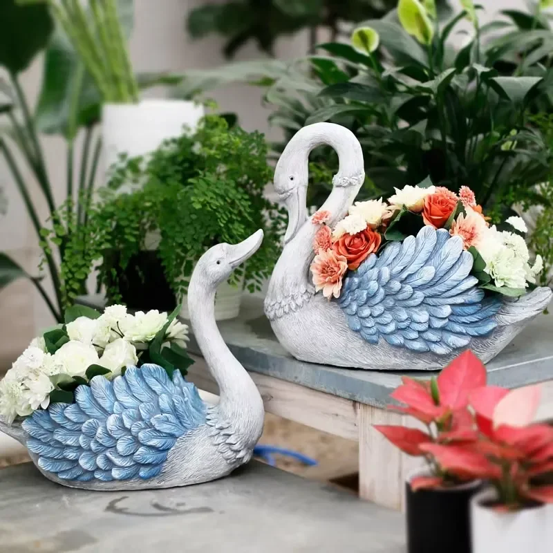 Head Down Swan Shape Planter Pot Vintage Craft Animal Sculpture Flower Pot for Yard Balcony Home Ornament
