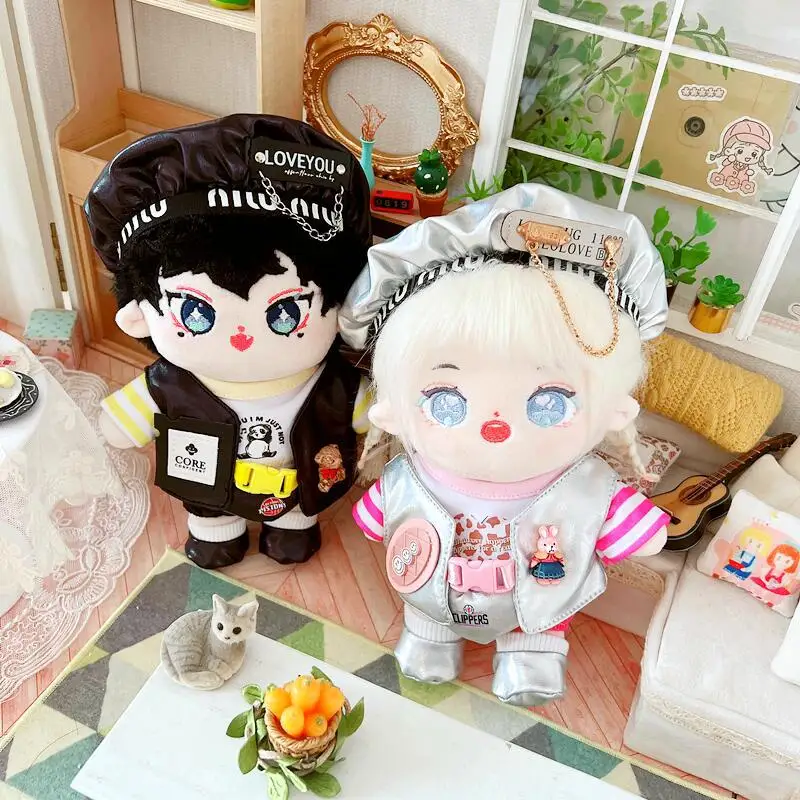 20CM Doll Clothes Outfit Leather Vest+Hat+T-shirt+Shoes+Shorts+Bag Cute Plush Doll Accessories Kpop EXO idol Doll Fans DIY Gift