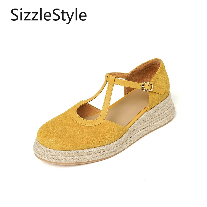 

Women's Summer Genuine Leather Sandals Handmade T-Bar Buckle Round Toe Wedge Heel Thick Bottom Two-tone Tan