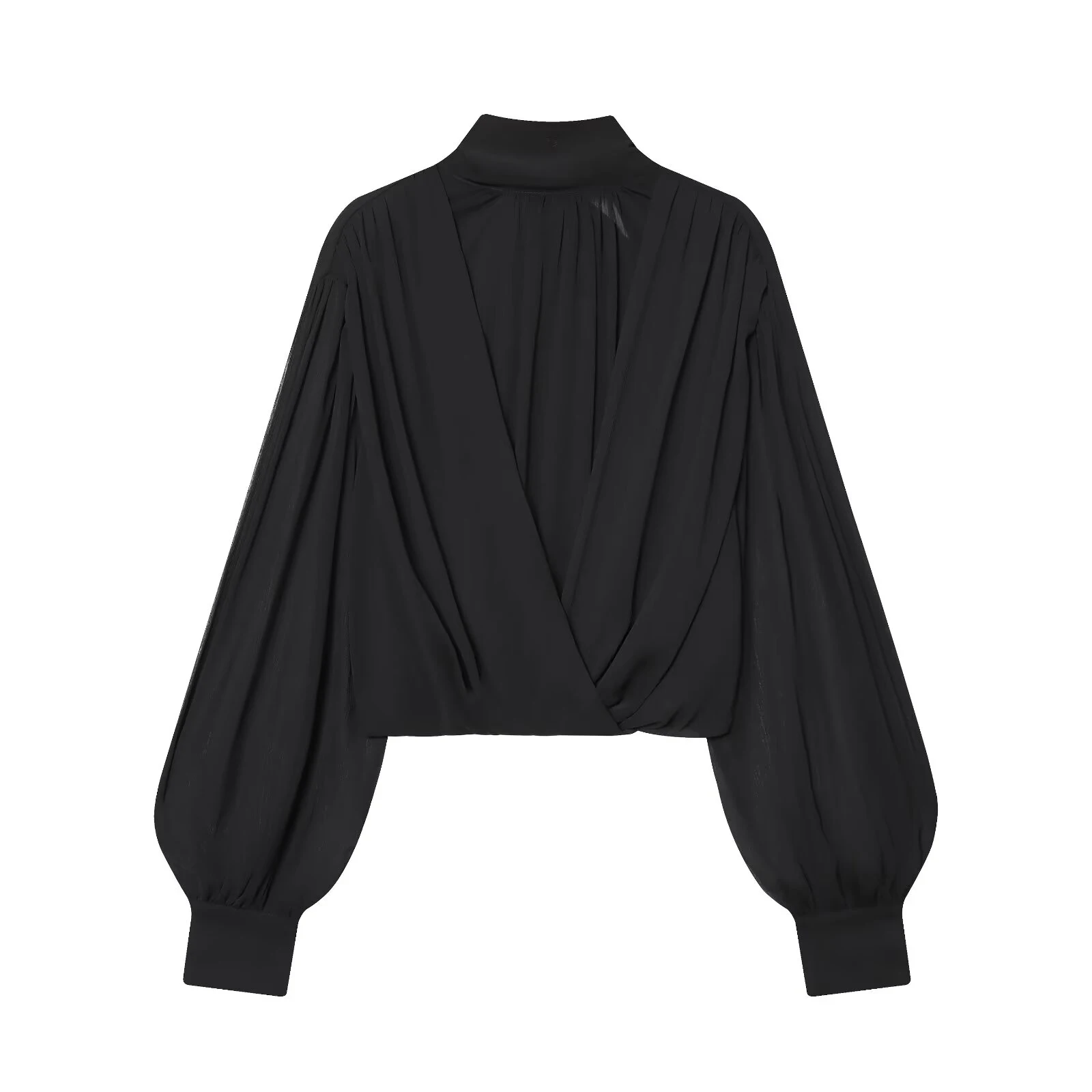 2023 Winter Neues Produkt Damen Stehkragen Langarm Puff Design Kurzes, halbtransparentes, gefaltetes Ballonhemd