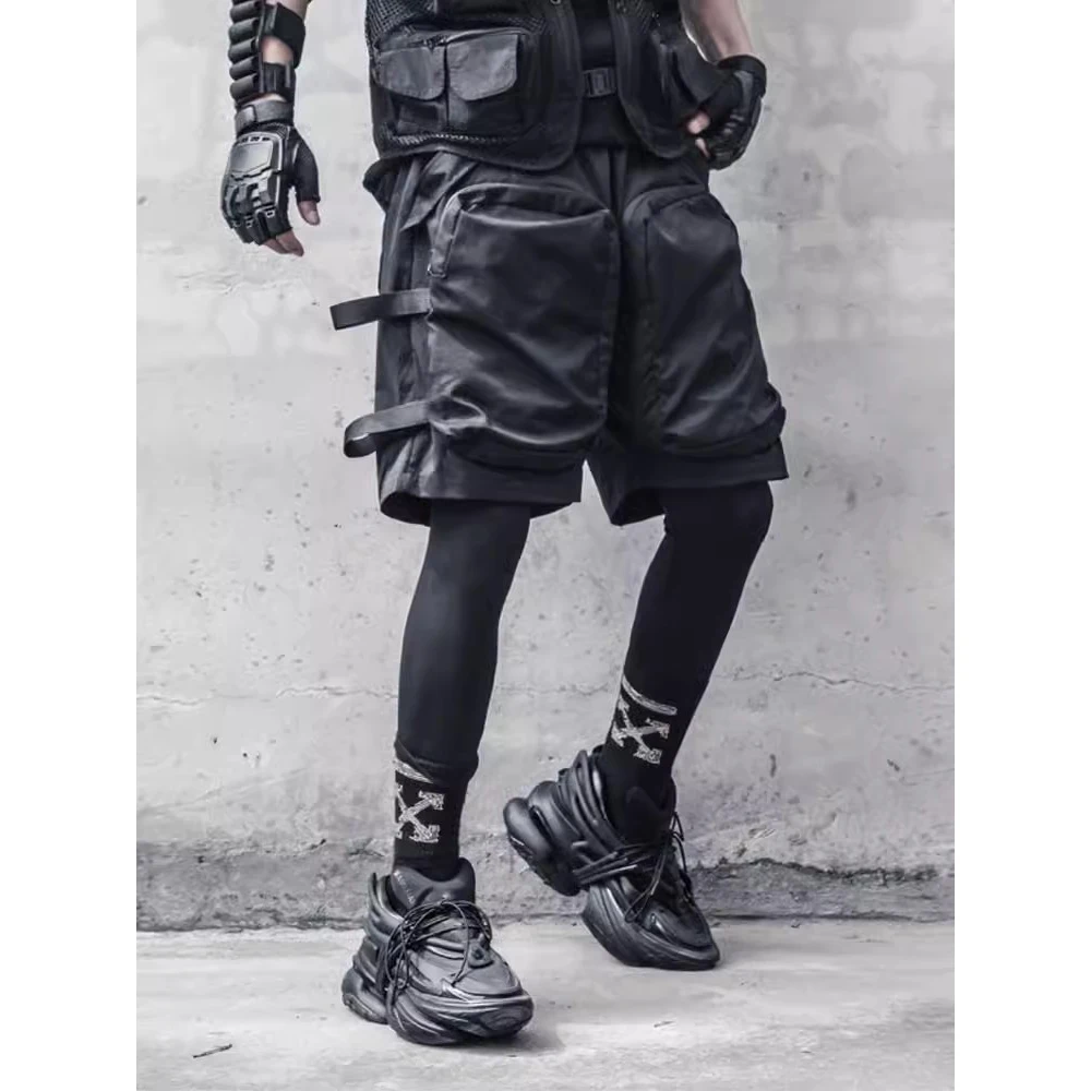 2024 Summer Tactical Shorts Multi Pocket Cargo Short Pant Functional Loose Streetwear Elastic Waist Shorts Black