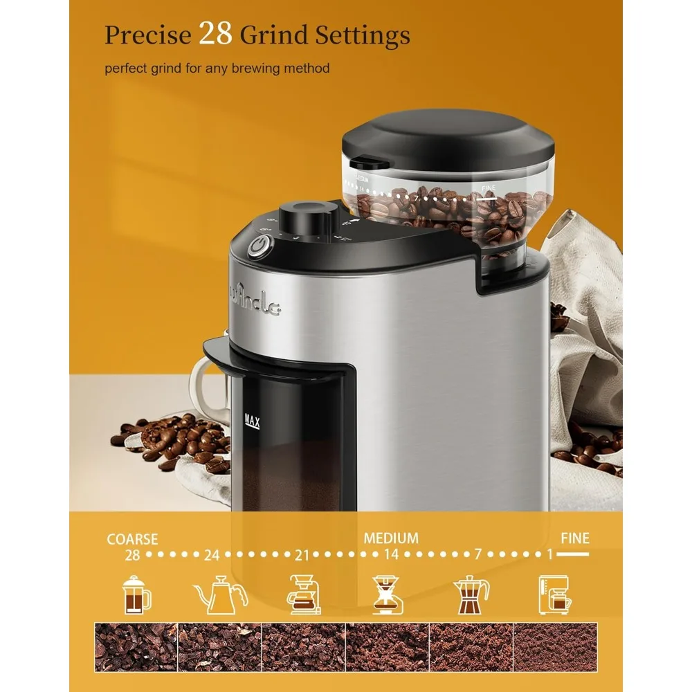 Coffee Grinder, with 28 Grind Settings, Overheat Protection, 2-12 Cup Capacity,  for Easy Storage, Stainless Steel