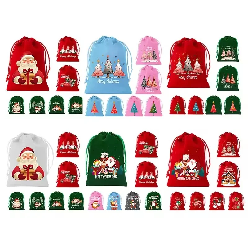 

7Pcs Christmas Velvet & Flannel Drawstring Bags - Assorted Sizes for Gift Wrapping, Party Favors & Kids' Toy Storage