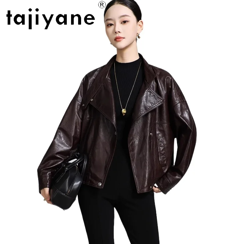 TAJIYANE chaqueta de piel de oveja auténtica para mujer, abrigo corto elegante de cuero genuino, prendas de vestir holgadas para mujer, ropa de otoño 2025 para mujer 