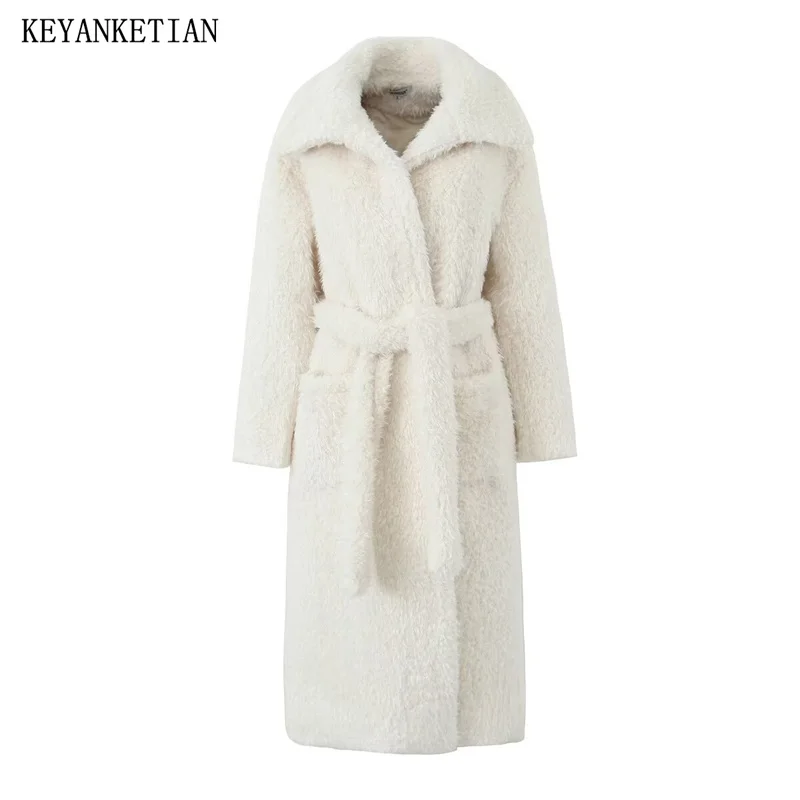 

KEYANKETIAN Winter New Women's Padded Lamb Fleece Coat With Belt Soft Touch Long Casaco Feminino Artificial fur Robe Outerwear