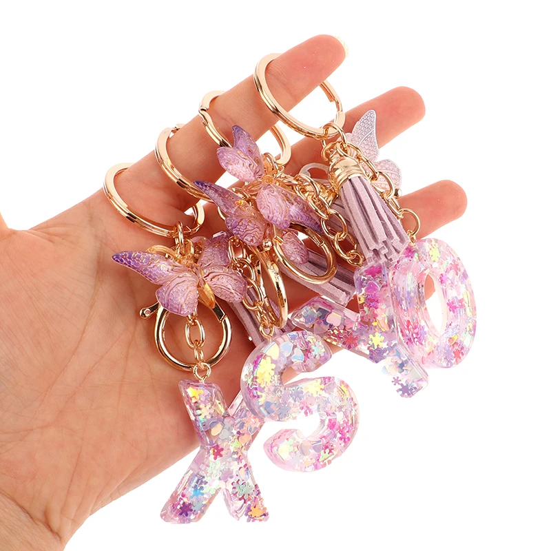 Bags Charms A-Z Dreamy Sequin Letters Keychain Tassel Butterfly Pendant Initial Keyring For Women Purse Suspension Car Key Chain