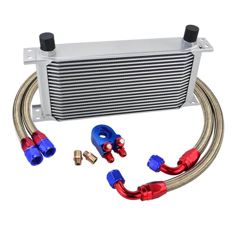 Universal 19 Rows Oil Cooler Kit +Oil Filter Sandwich + Stainless Steel Braided An10 Hose With PQY Sticker+Box