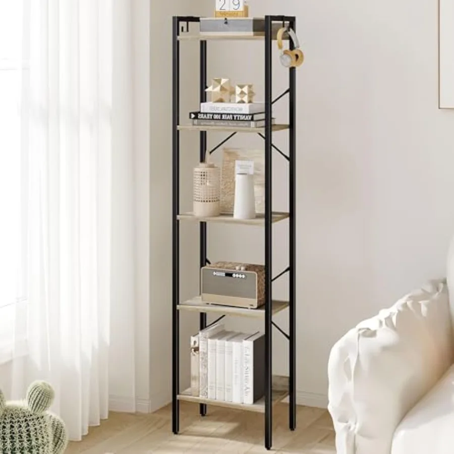 Bookshelf, Book Shelf, Industrial Bookcase with 2 Hooks, Coner Shelf Storage Organizer for Home Office, Living Room, Bedroom, K