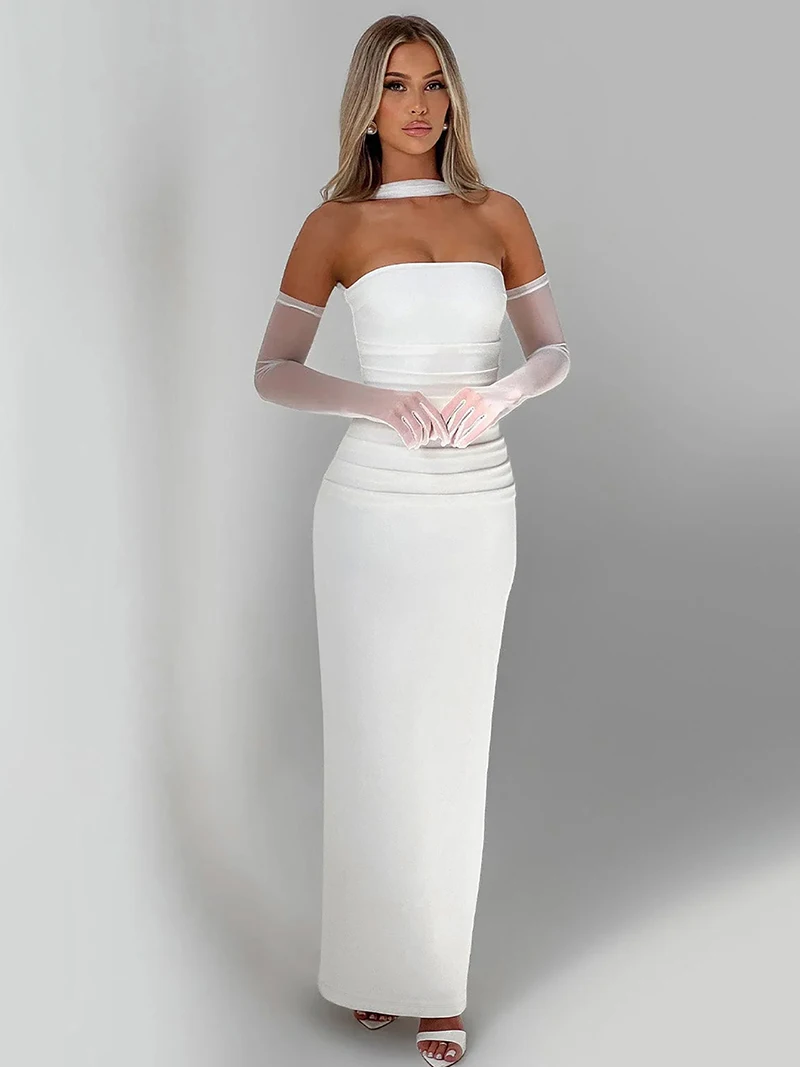 DGLUKE elegante sin tirantes Maxi vestidos mujer 2025 nuevo vestido largo ajustado con pliegues sin espalda vestido de fiesta de noche Borgoña con guantes