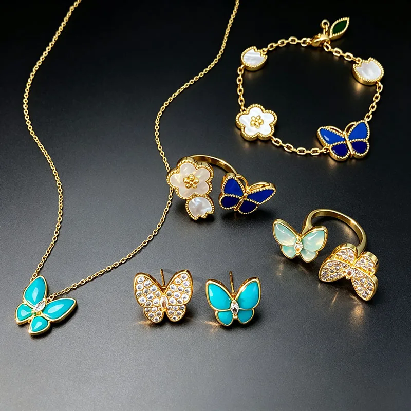 Blue Butterfly Jewelry Set Women'fashion Shiny Icubic Zirconia Fritillary Necklace Bracelet Stud Earring Open Rings for Parrty K