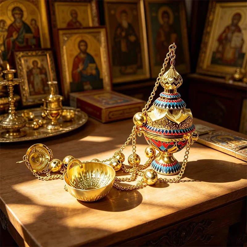Новая позолоченная эмалированная православная кадильница с цепью и колокольчиками для церковных литургий, благословений и религиозных церемоний