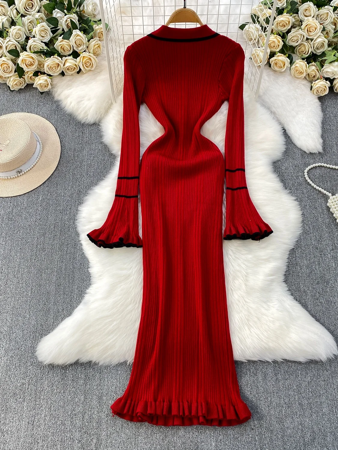 Ele Korean Sle Knitted Long Sve Striped Dr High Waist Fi Tail Design Button Detail Slimming Midi Dr for Women:Ele Korean Sle Knitted Long Sve Striped Dr High Waist Fi Tail Design Button Detail Slimming Midi Dr for Women:Koreański sweter z dzianiny, długi, w paski, z wysokim stanem, z ozdobnymi detalami, zapinany na guziki, wyszczuplający, midi, dla kobiet