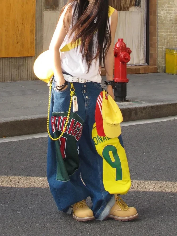 American Hip Hop Print Women Jeans Y2K Streetwear Loose Wide Leg Mopping Bf High Waist All-Match Baggy Trendy Denim Trousers
