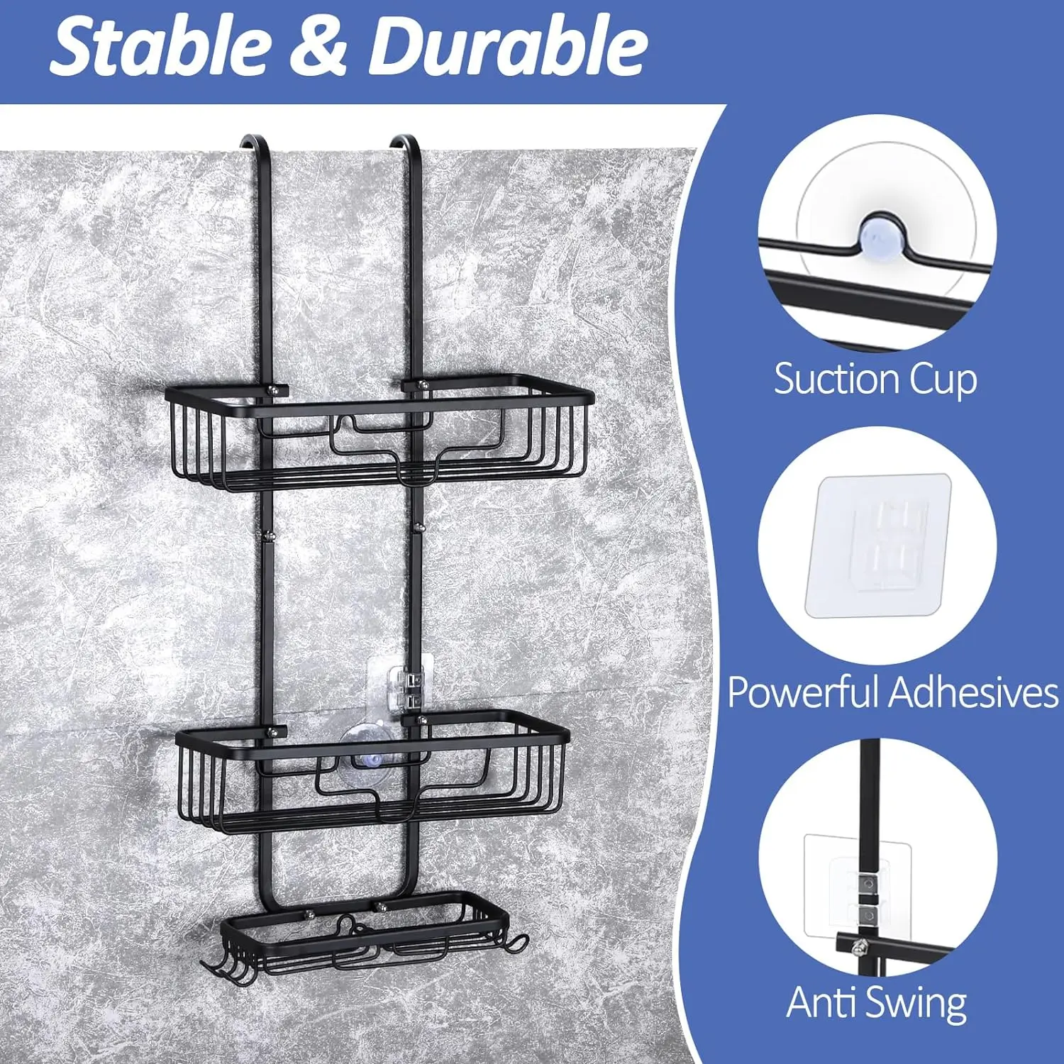 Over the Door Shower Caddy,3 Tier Hanging Shower Organizer Shelf for Bathroom,Aluminum Shower Storage Rack with Hook&Soap Holder