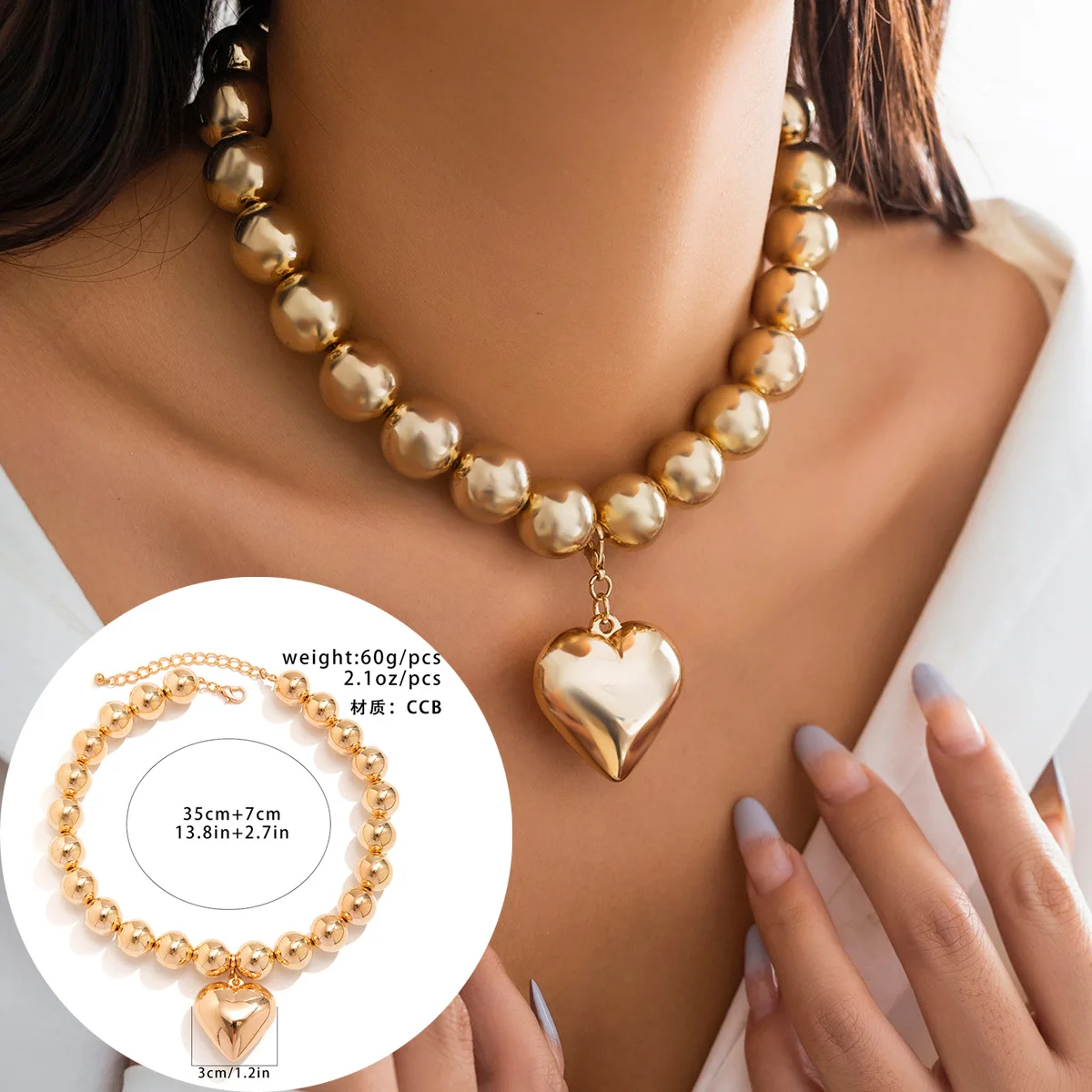 New Exaggerated Cyber Style Multi layered Round Beads Layered Necklace, Unique Detachable Love Heart Necklace