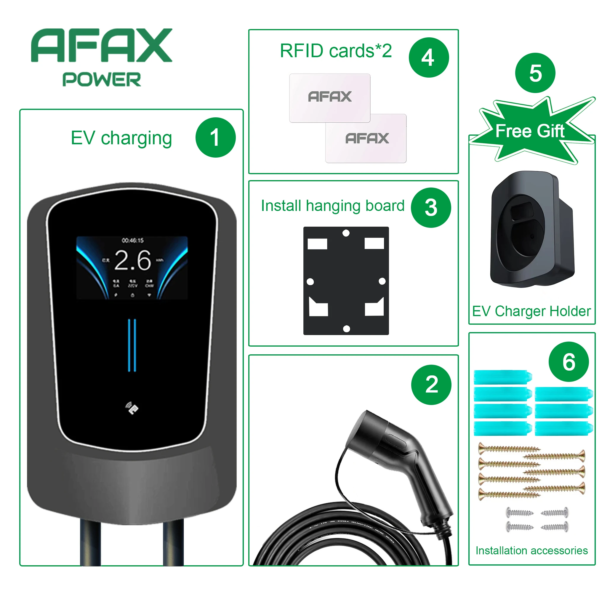 AFAX EVSE Wallbox EV Car Charger Electric Vehicle Charging Station Type2 32A 7KW 1 Phase IEC62196-2 Plug EV Charger 5m Cable