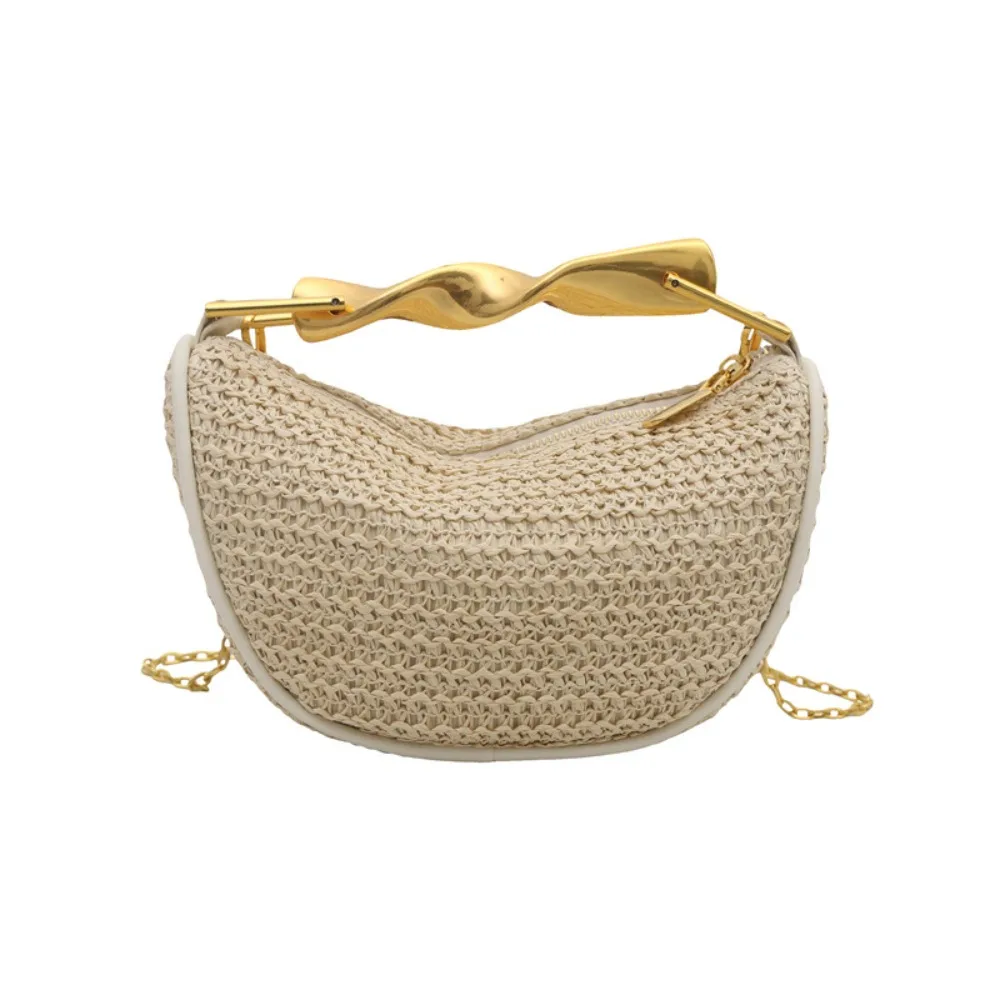Casual Bohemian Half-Moon Weave Bag Hollowed Out Large Capacity Chain Crossbody Bag Gold Handle Handbag Beach Bag Students