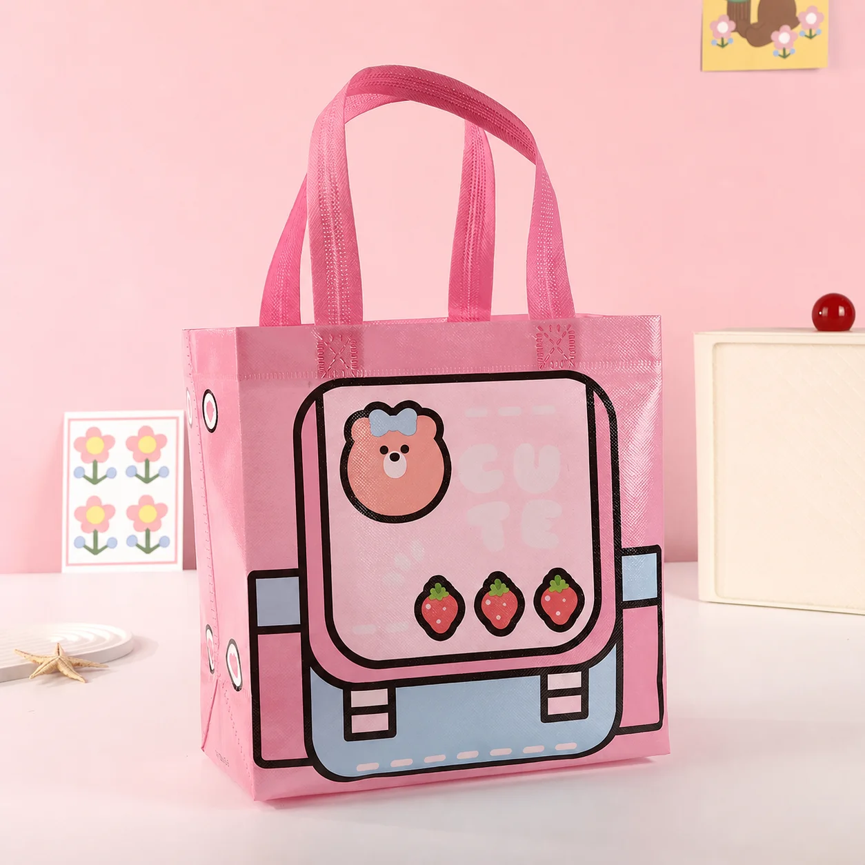 Reusable Shopping Tote Bag Cute Printed Non Woven Gift Pouch Portable Grocery Handbag Eco Friendly Sac for Everyday Use