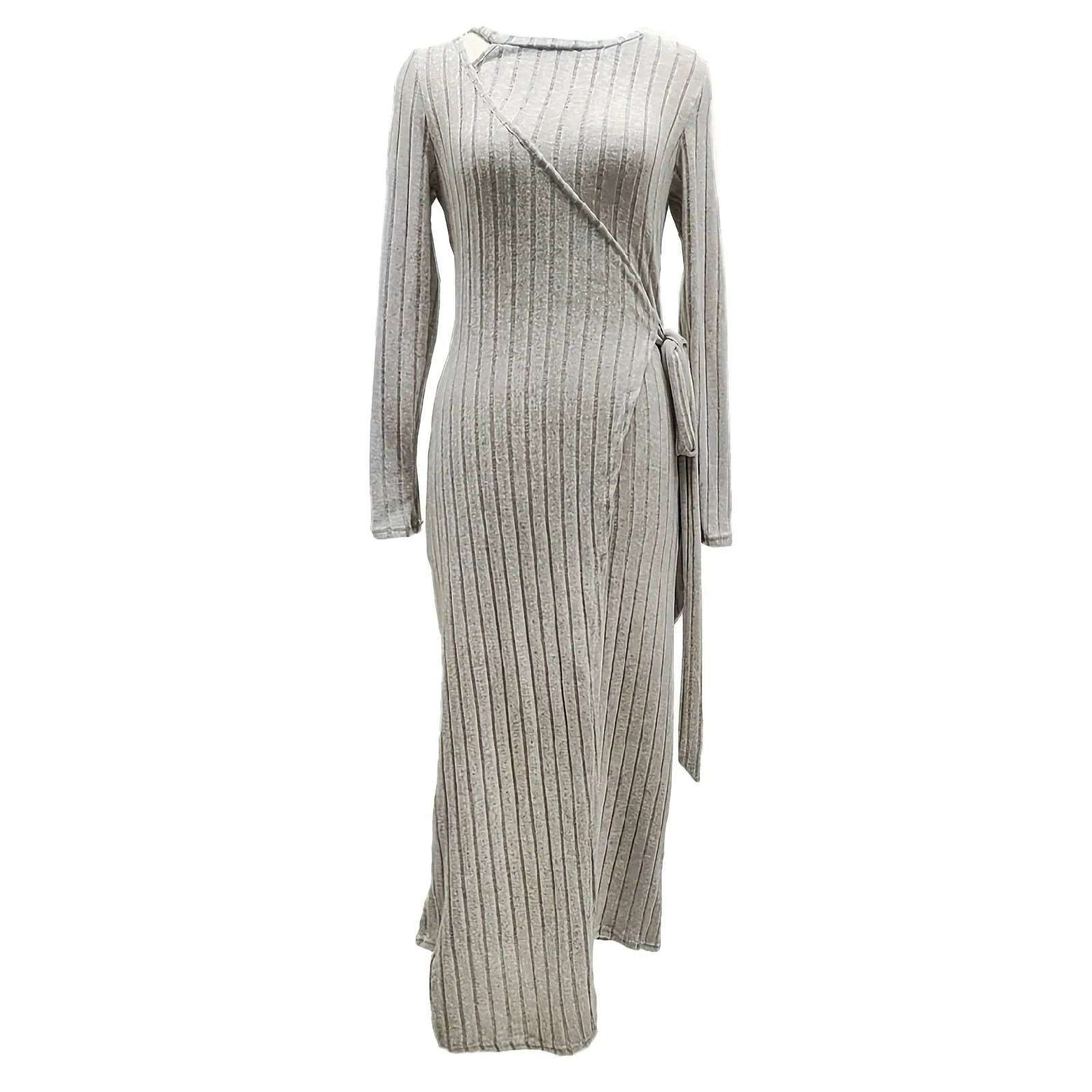 Women Knit Maxi Dress Warm Knitted Jacquard Robe Casual Long Sleeved Round Neck Side Slit Sweater Dress Slim Fit Streetwear