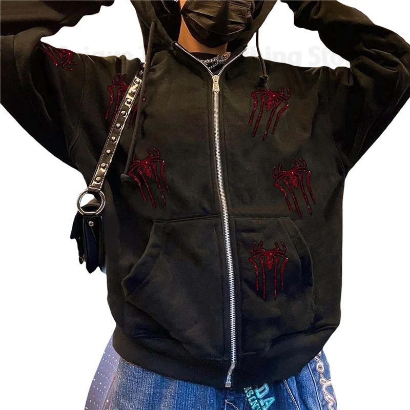 Spider Rhinestone Print Hoodies Y2k Fashion Women Men Zipper Hoodie Gothic Streetwear Hip Hop Clothes Oversize Sweatshirt Jacket