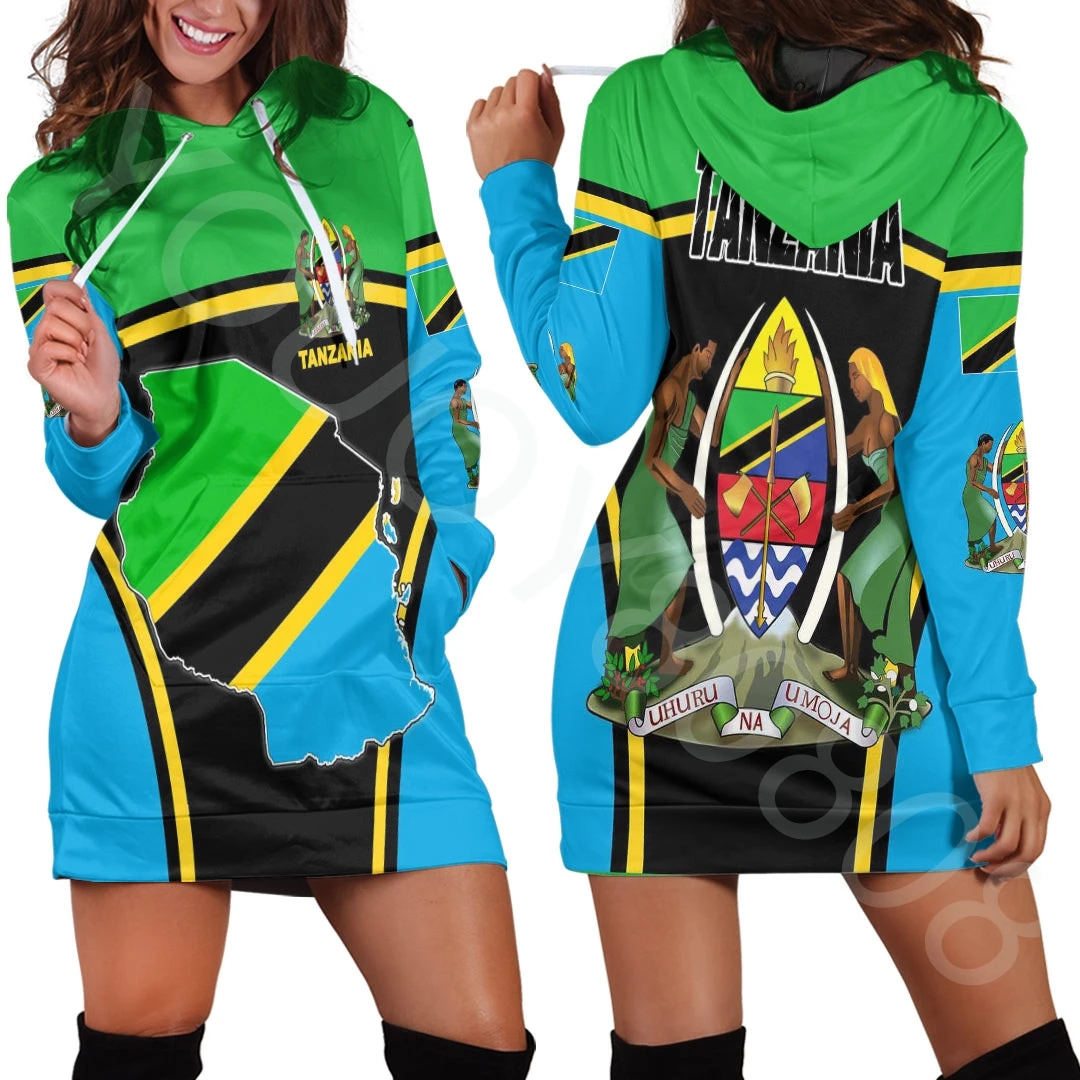 New Spring Autumn Ladies Hooded Dress African Region Clothing - Tanzania Active Flag Hoodie Dress