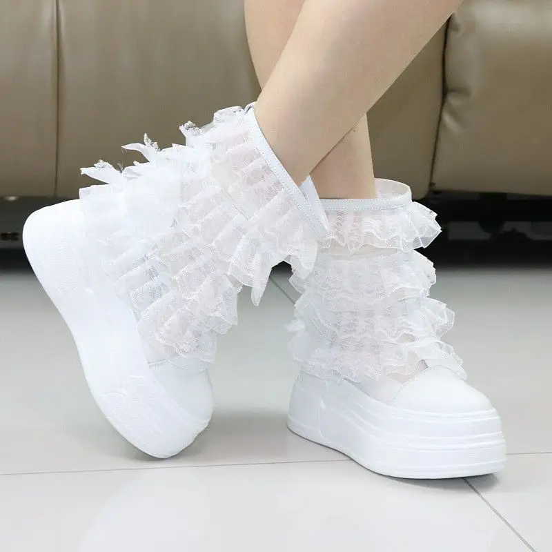 New 10cm Sweet Princess Boot with Lace Edging At The Cuff and White Sneaker for Women in Summer Mesh Upper, High-Top, Thick Sole