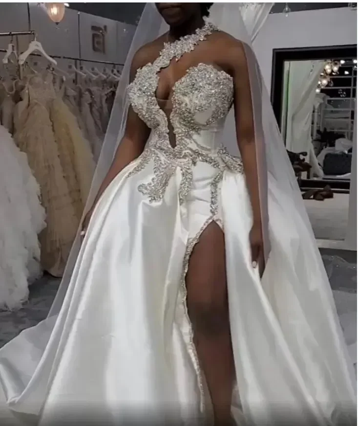 Personalizado mais novo estilo halter robe mariage frisado vestidos de casamento destacável sem costas split side plus size vestidos de noiva