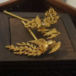 Creative antique gold crafts Matte exquisite Retro Phoenix hair jewelry tiara Ruyi southern red tourmaline pin hanfu accessories