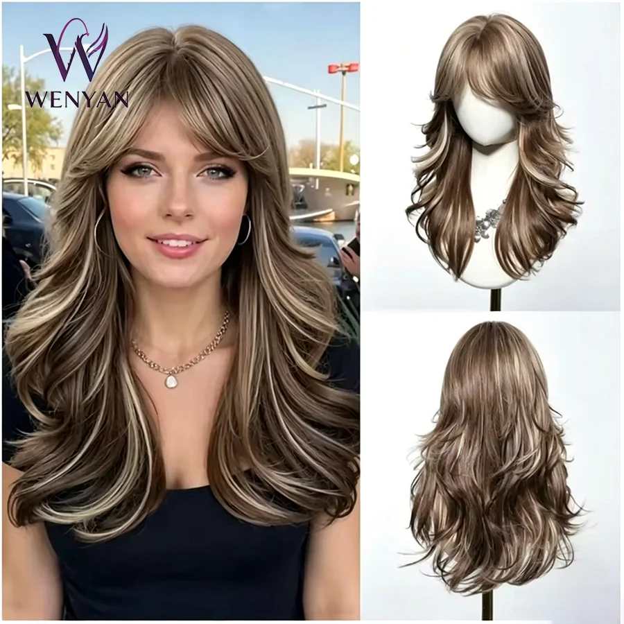 22inch Brown Highlight Layered Long Wavy Synthetic Wig Curtain Bangs Shaggy Wolf Cut Natural Daily Full Wig