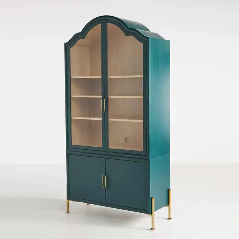 

yj15 Solid Wood French Retro Wine Cabinet Double Door Glass Sideboard Living Room Storage Display Sideboard