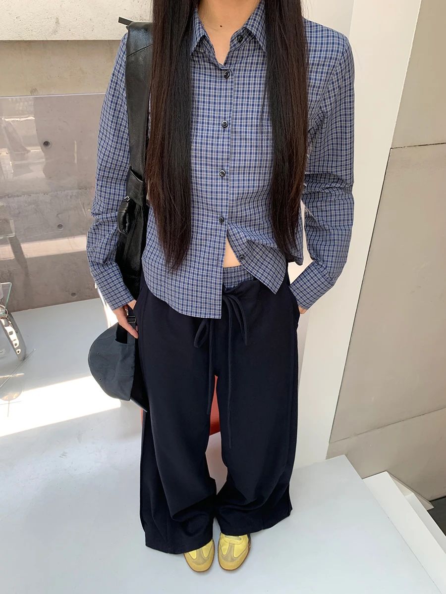 قميص نسائي بأكمام طويلة بنقشة مربعات زرقاء، تصميم جديد للخريف، أسلوب بسيط للعمل، قطن 00٪، قميص داخلي، قمة أنيقة وفريدة #3