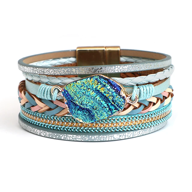ALLYES Boho kolorowy kamień skórzana bransoletka dla kobiet mężczyzn biżuteria w stylu Vintage Charms wielowarstwowe plecione szerokie bransoletki bransoletki