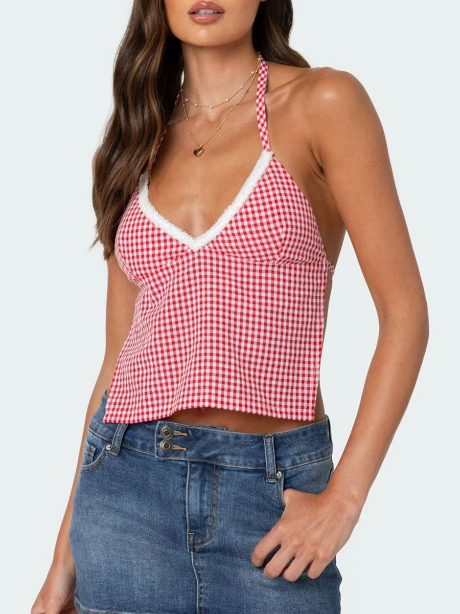 y2k Coquette Red Gingham Tops Women Lace Tie Halter Camisole Summer Sexy Open Back Lacing Terry Trim Sleeveless Crop Tops