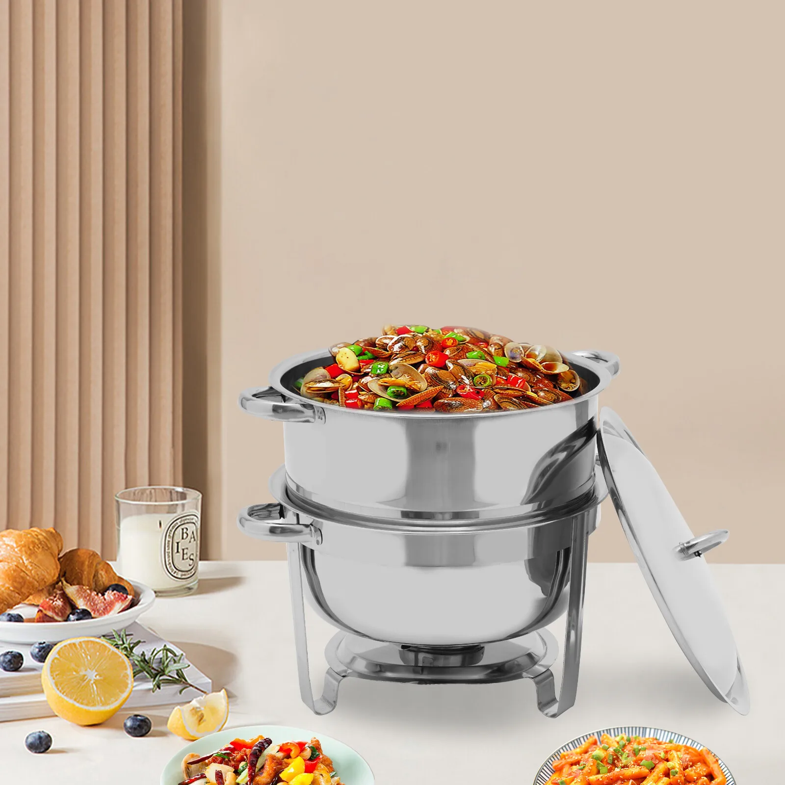 Round 14.2 Qt Stainless Steel Chafing Dish 13.5L Tabletop Chafer With Dome Lid