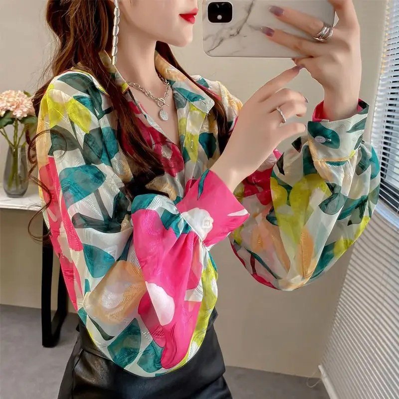 2024 New Spring and Autumn Streetwear Loose and Stylish Versatile Long Sleeved Blouses Lapel Printed Button Women\'s Shirt Top